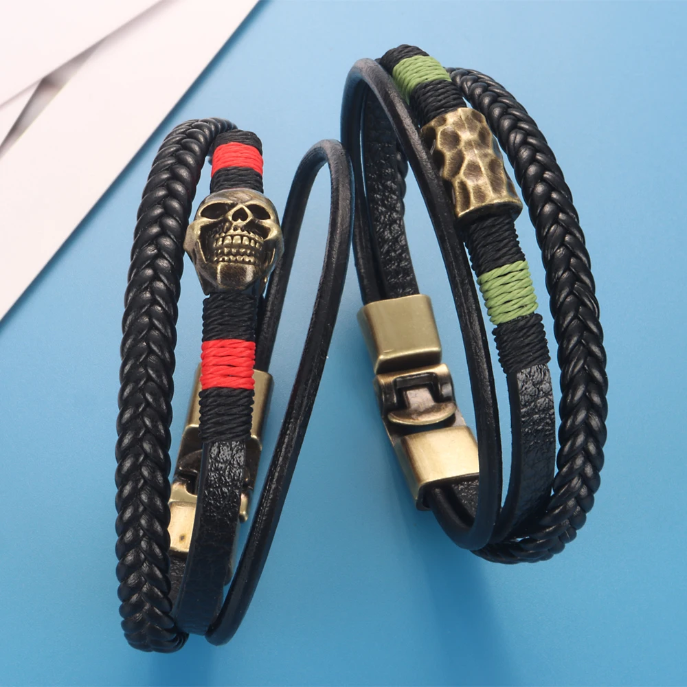 

Black Skull Weave 003 Real Genuine Leather Bangle Bracelet Charm Jewelry For Women Men Gift 20.5cm