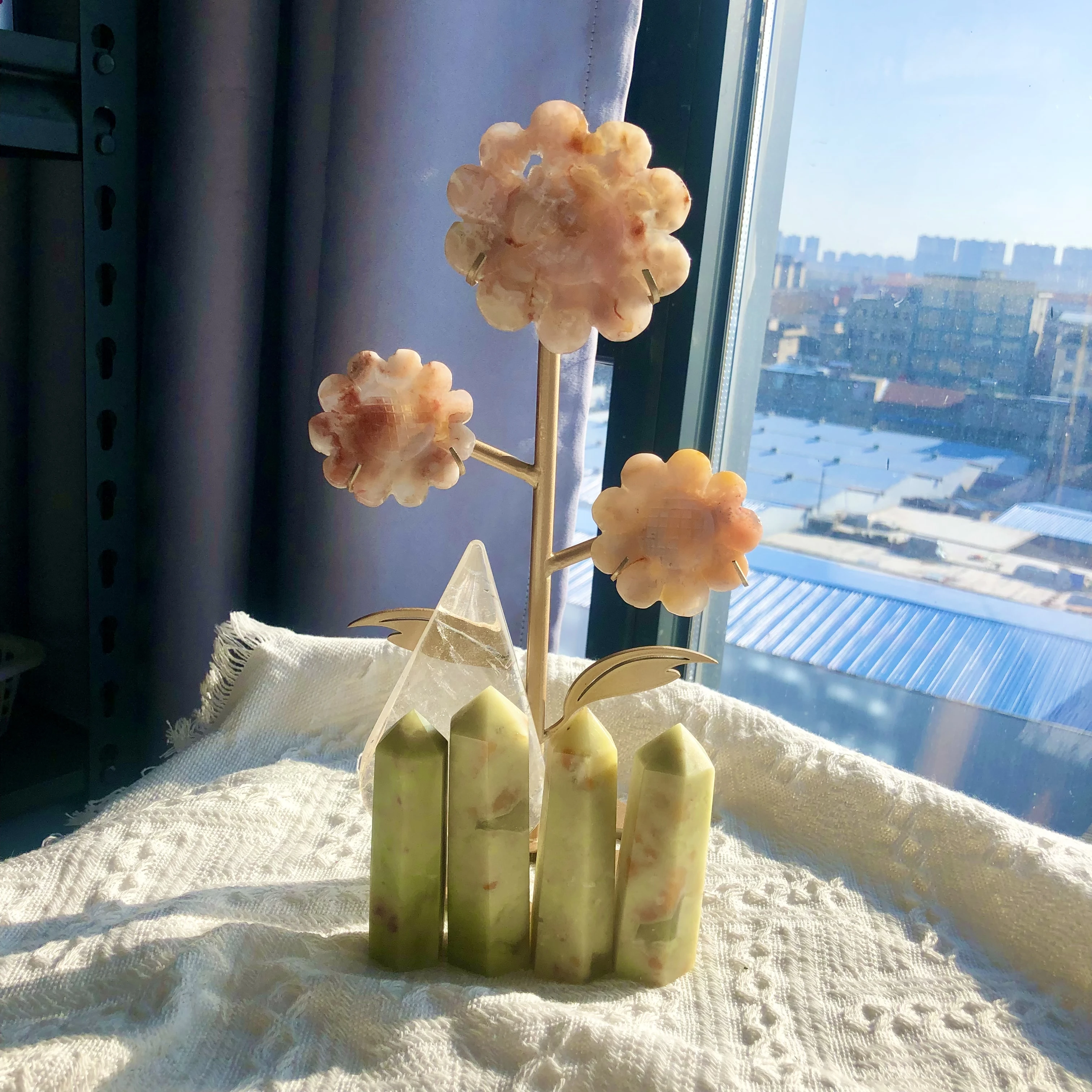 Натуральная Зеленая Нефритовая Хрустальная башня с зеленым опалом