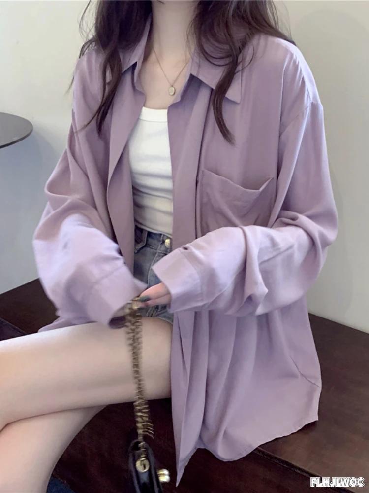 

2022 Summer Thin Design Shirt Cardigan Sunscreen Tops Casual Loose Single-Breasted Button Green Purple White Boyfriend Shirts