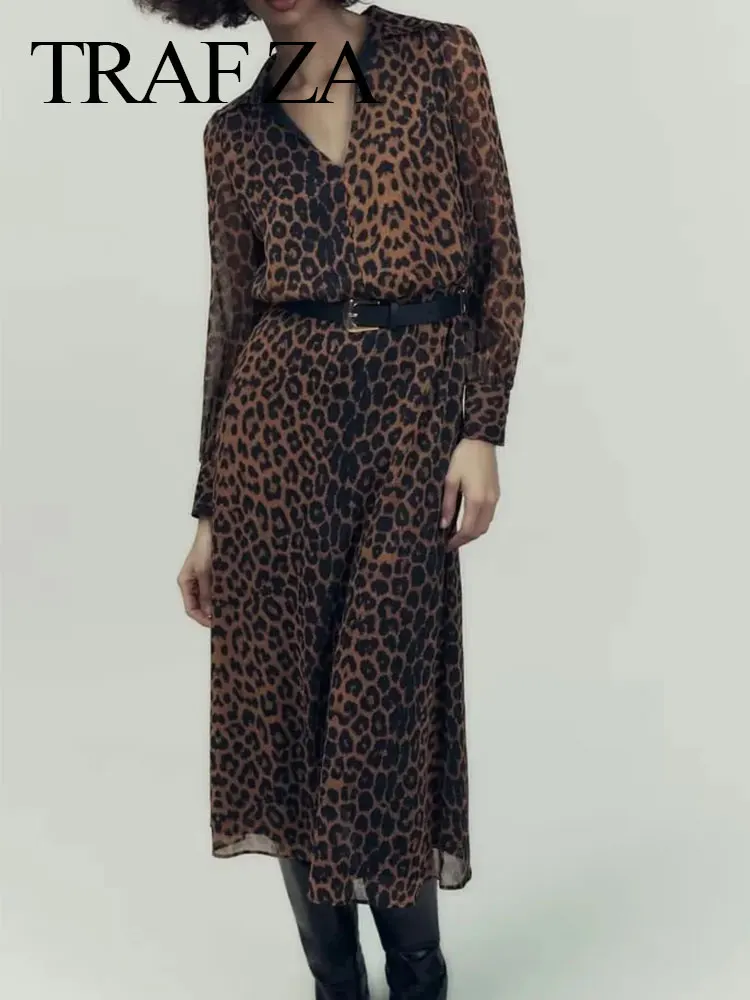 

TRAFZA Women's Belt Slim Long Sleeve Lapel Shirt Dress Vintage Leopard Print Dress Spring Female Fashion Casual Streetwear