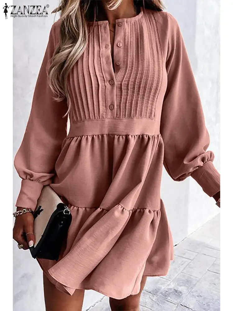 

Элегантный однотонный офисный сарафан ZANZEA с оборками, Стильное женское плиссированное платье с длинным рукавом, женские офисные платья до ...