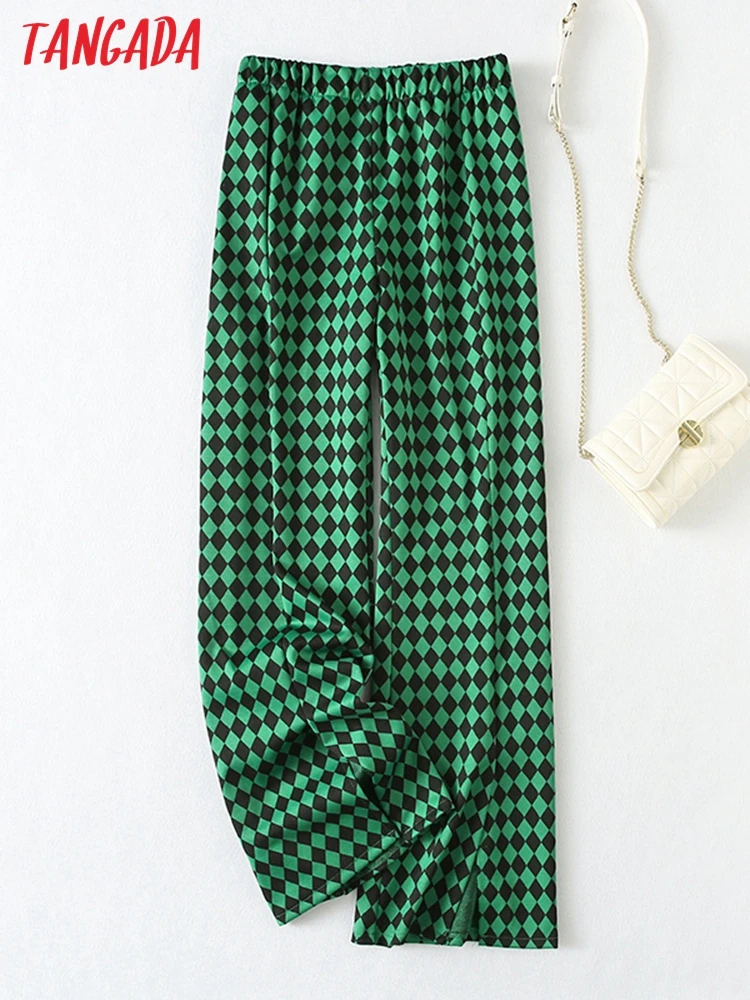 

Tangada Women Green Check Print Long Pants Trousers Vintage Style Strethy Waist Lady Pants Pantalon YU60