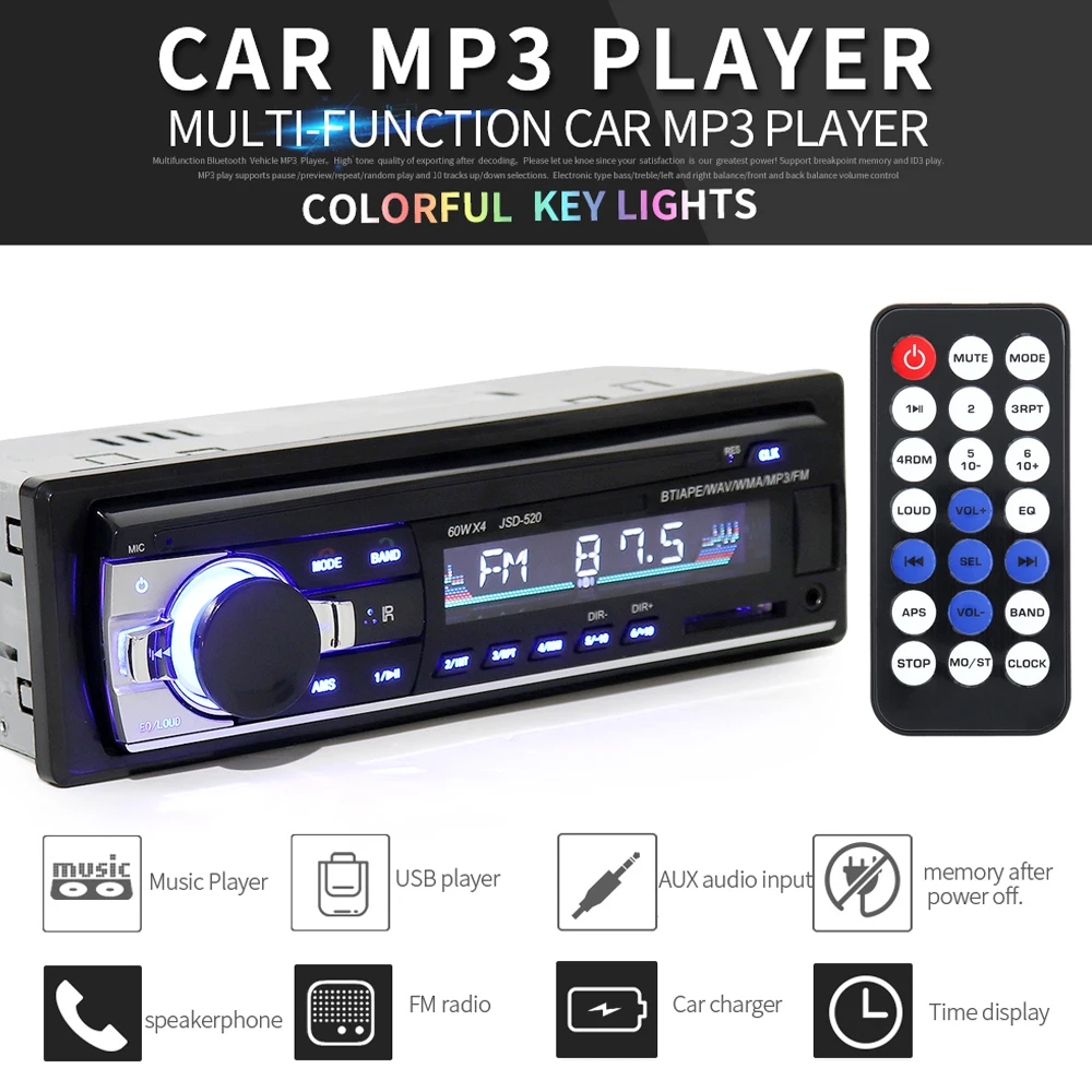 

Universal JSD520 In Dash 12V Bluetooth Multifunctional Car Stereo Radio FM 3.5mm Aux Input MP3 Audio Player with USB SD ISO Port