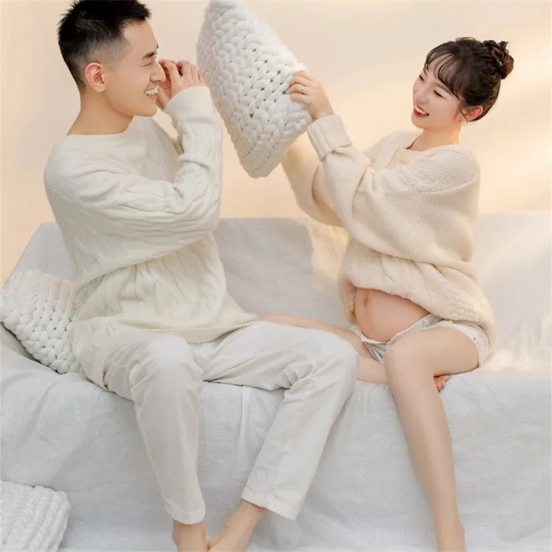 2pcs Women Photography Props To Pregant Sweater Shorts Men  Couple Familypregnancy Clothes Studio Shoots Photo Props