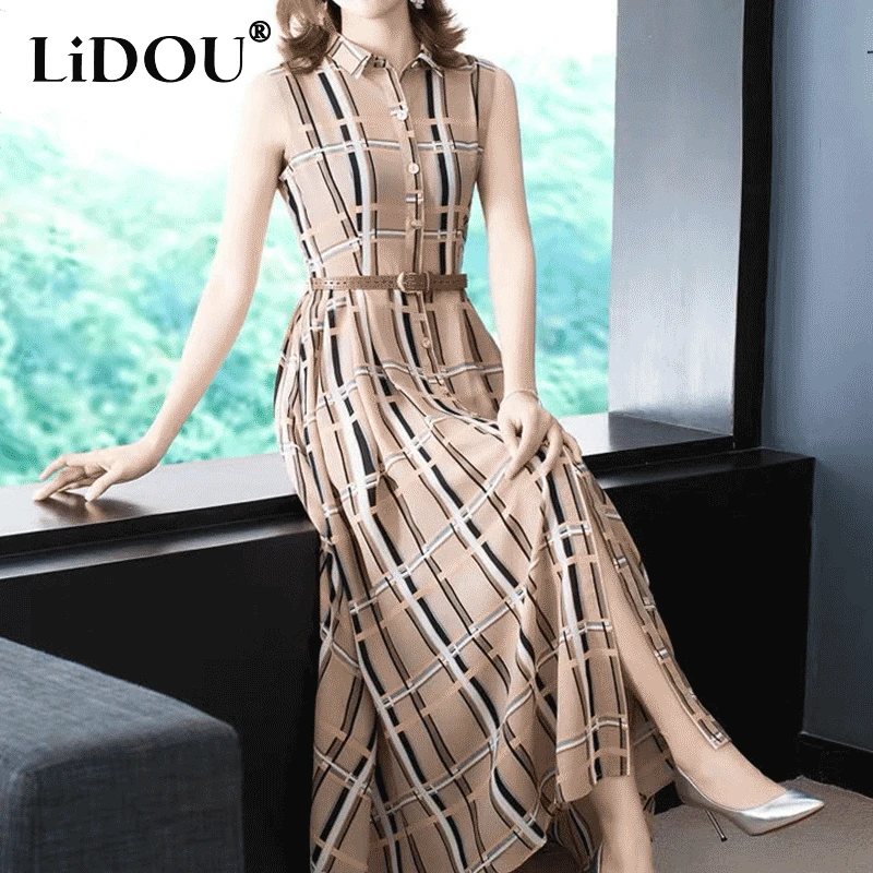 

Summer 2022 Women's Korean Fashion Vintage Plaid Print Sleeveless Button Dress Office Lady Polo Neck Elegant Slim Tank Dresses