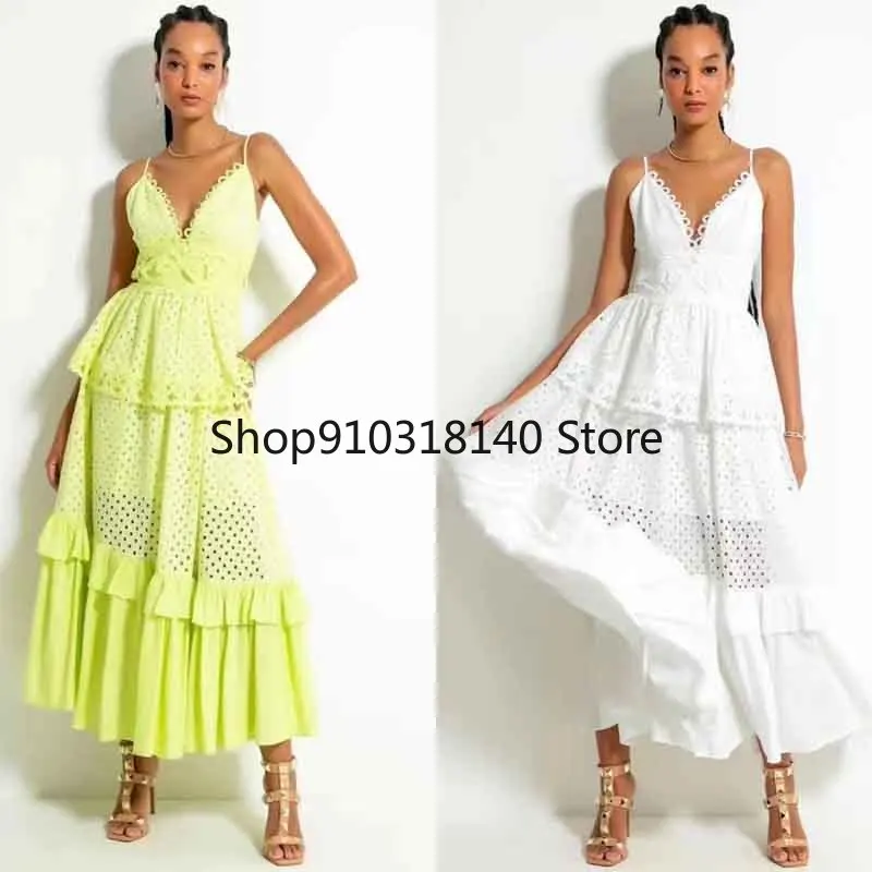 

2022 summer holiday sexy deep v-neck spaghetti strap long dresses women water soluble lace patchwork hollow out vestidos B31