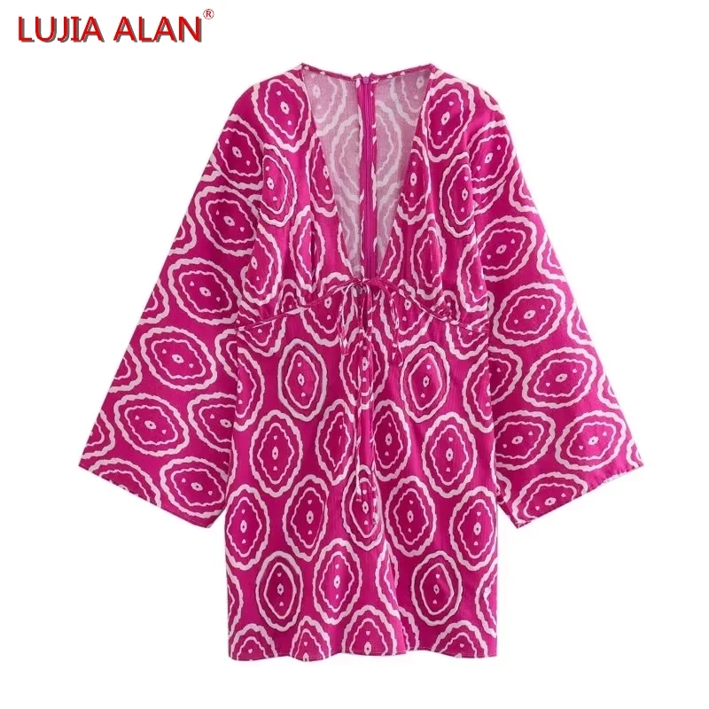 

Летнее женское мини-платье с геометрическим принтом и глубоким V-образным вырезом, на шнуровке, женское Повседневное платье с длинным рукавом, LUJIA ALAN WD2931