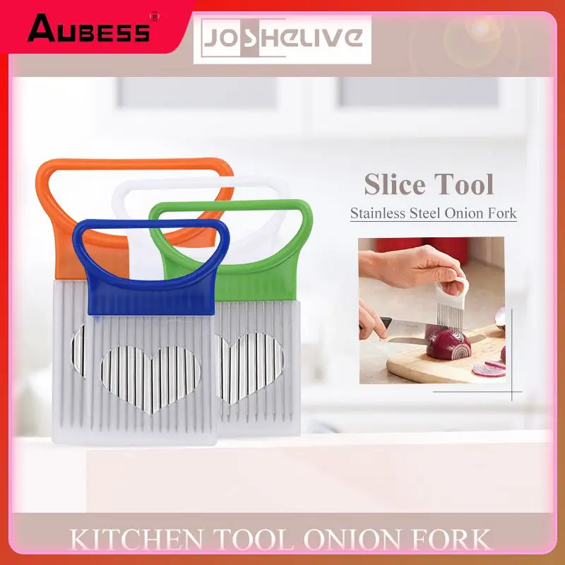 

Kitchen Tool Cutting Aid Holder Safe Fork Slicing Cutter Portable Stainless Steel Onion Vegetables Slicer Kitchen Utensil