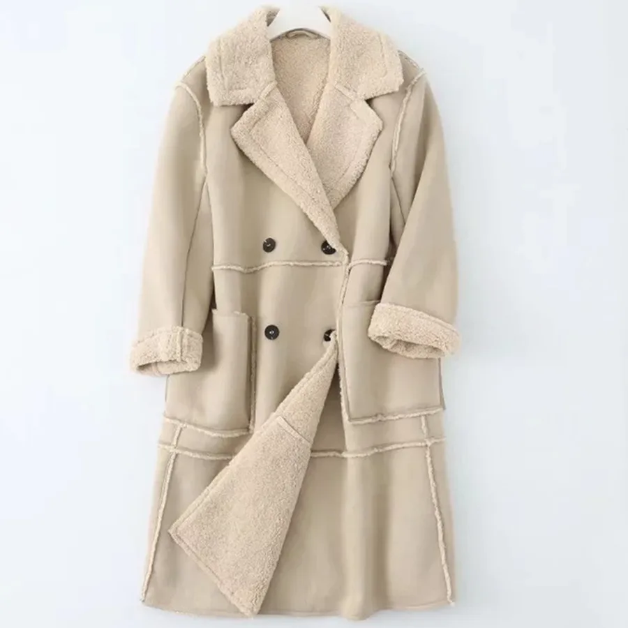 

Elmsk 2022 England Style High Street Vintage Oversize Fur Inside Suede Long Jacket Women Parka Coat Winter Trench Coat Women