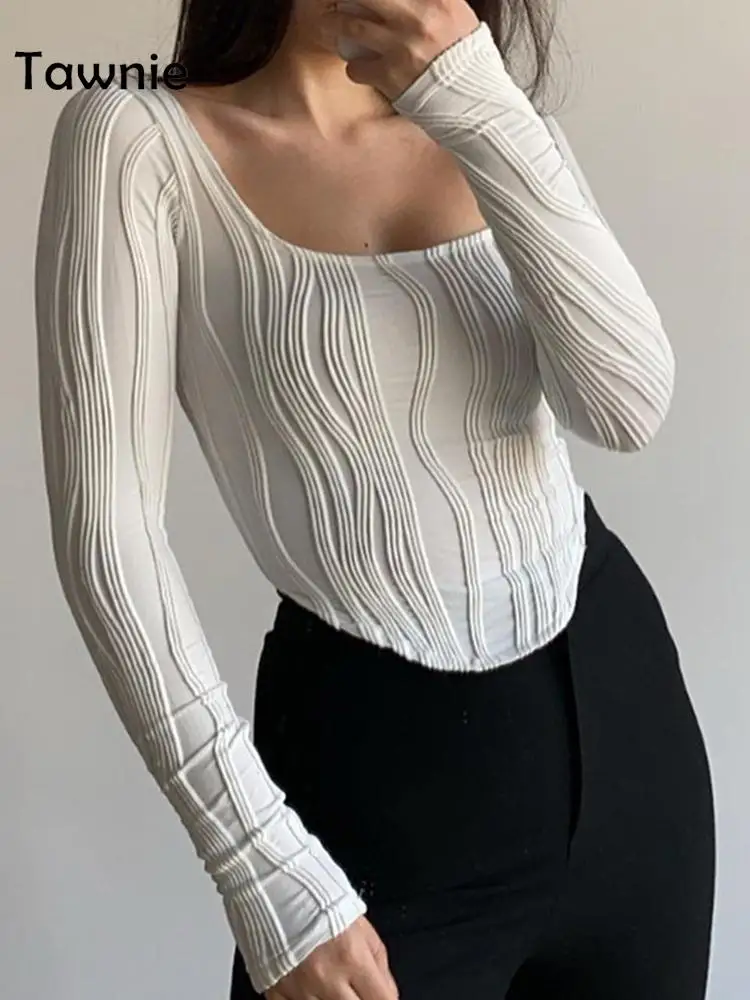 

Tawnie Y2K Square Neck Long Sleeve T-Shirts Women Elegant Basic Tee Fashion Street Cropped Top Skinny Casual 2022 Summer Autumn