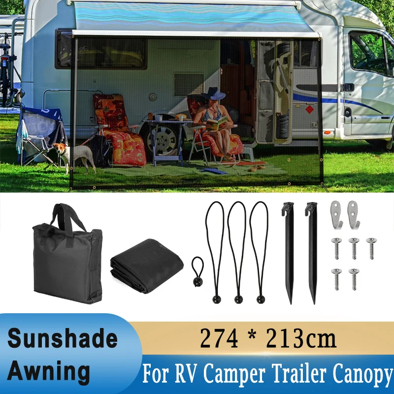 

RV Awning Side Sunshade Screen Black Mesh UV Blocker Privacy Screen Universal for Motorhome Camper Travel Trailer Canopy