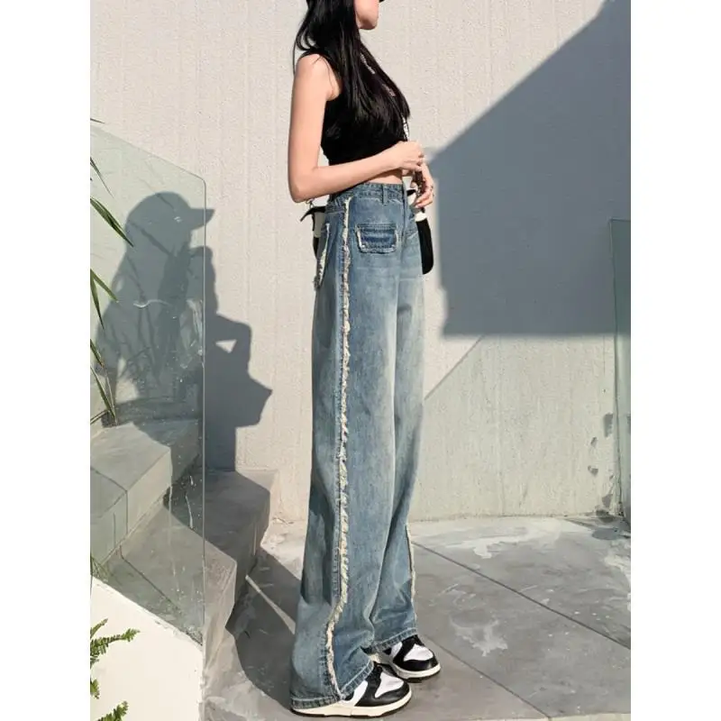 150 см маленькие Ретро американские потертые широкие джинсы с высокой талией и