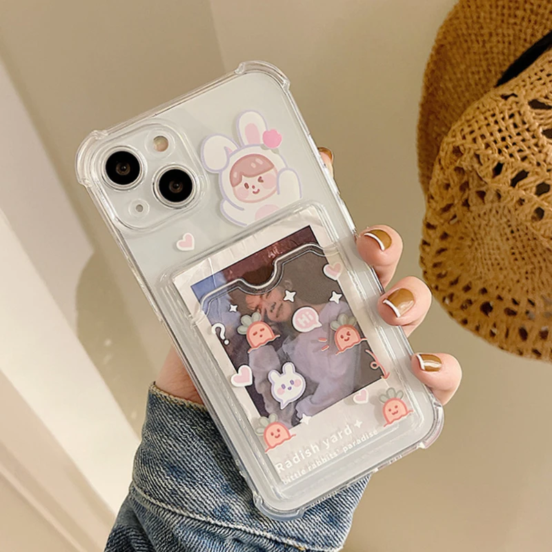 

For iPhone 13 11 12 Pro X XR XS Max Cute Rabbit Radish Clear Wallet Cover For iPhone 7 8 Plus Shockproof Card holder Phone Case