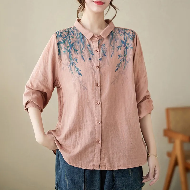 Блузка женская однобортная свободного кроя рубашка из хлопка и льна с винтажным