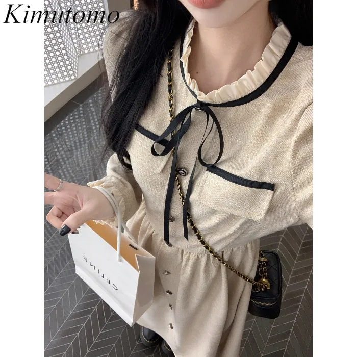 Kimutomo маленькое ароматное платье для женщин контрастное миди на шнуровке с