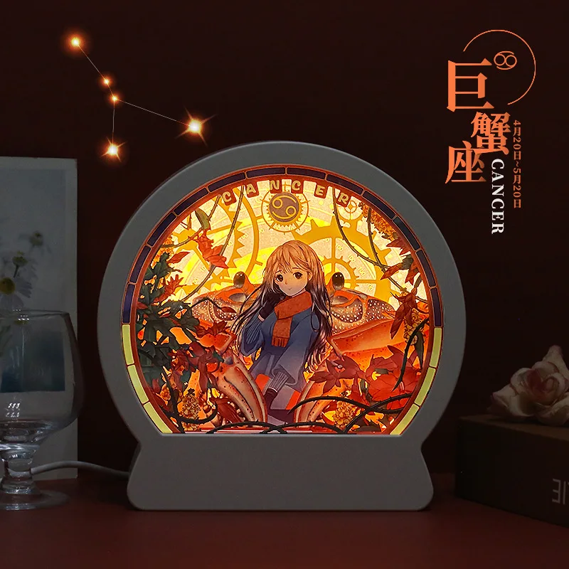 Twelve Signs Paper Carving Night Light for Girls Kids Cute Light Lamp Bedroom Decoration Battery Powered Rechargeable Bedside