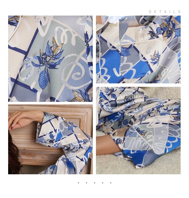 Women's 2 Piece Pajama Set Maple Leaves Print Pijama Suit Ice Silk Pyjama Female Sleepwear Long Sleeve Shirt Trouser Homewear