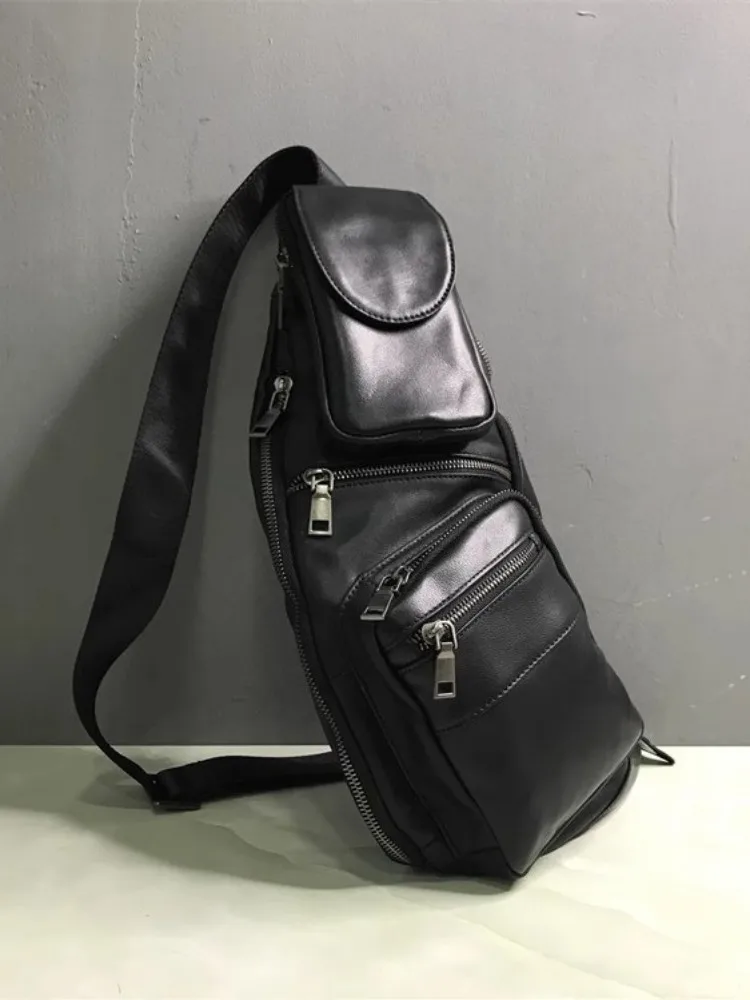 Сумка унисекс из натуральной кожи черная нагрудная сумка с несколькими