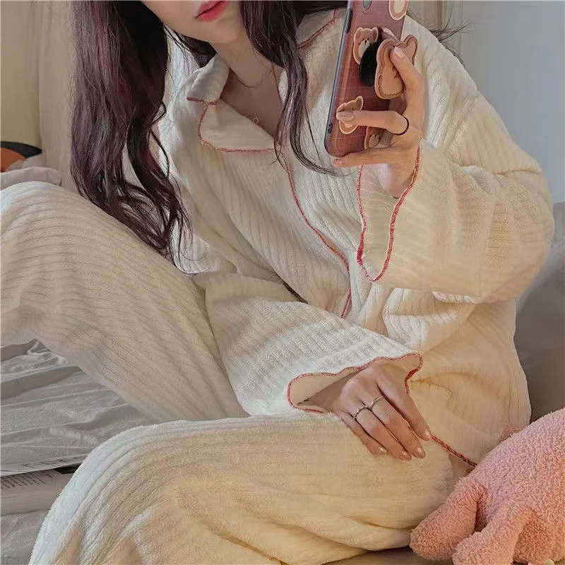Autumn Winter Warm Coral Fleece Pajamas Set Women Pyjamas Long Sleeve Soild Sleepwear Pijama Suit Female Homewear Loungewear