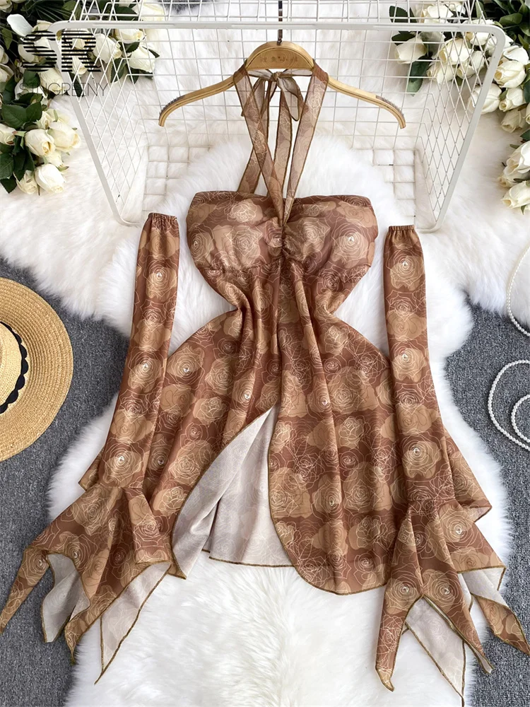 Летнее платье SINGREINY с принтом бабочек и открытой спиной женские сетчатые модные