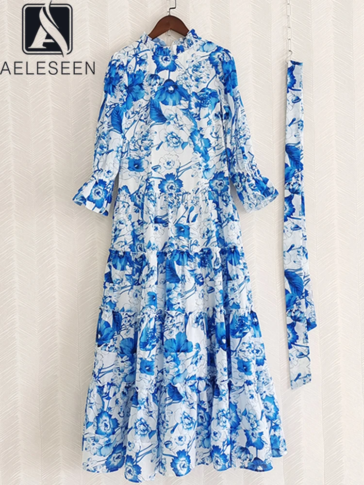 

AELESEEN Runway Fashion Women Blue Dress 2022 Autumn Ruffled Flare Sleeve Flower Print Belt Sicilian Maxi Party Vacation