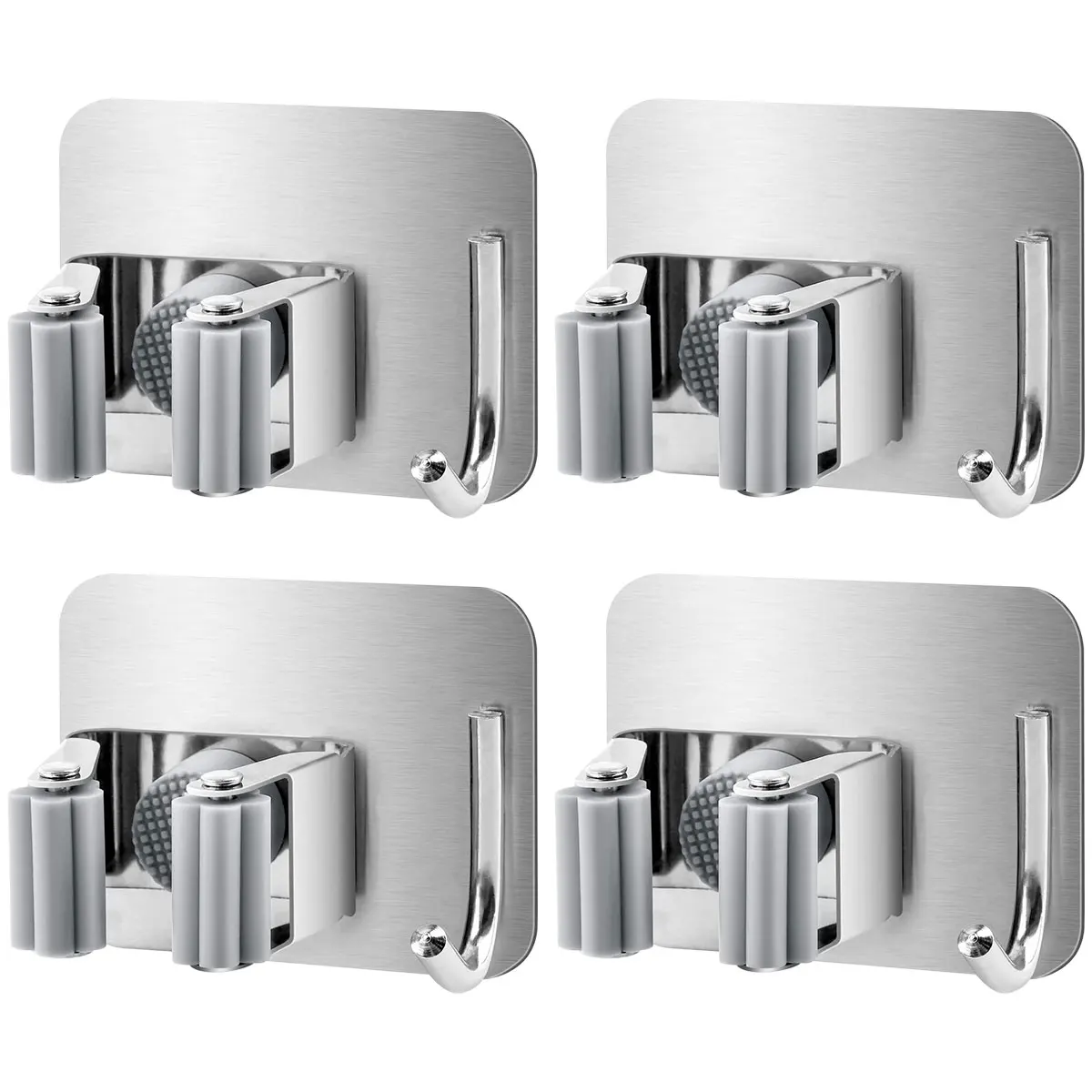 

4Pcs Mop Holder Self Adhesive Stainless Steel Broom Holder Non-Slip Waterproof Wall Mop Organizer with Hook Hanger for Kitchen
