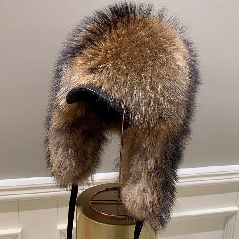 2022 Winter Raccoon Fur Russian Trooper Hat With Leather Hat Brim The Silver Fox Fur Russian Ushanka Hat For Man And Women