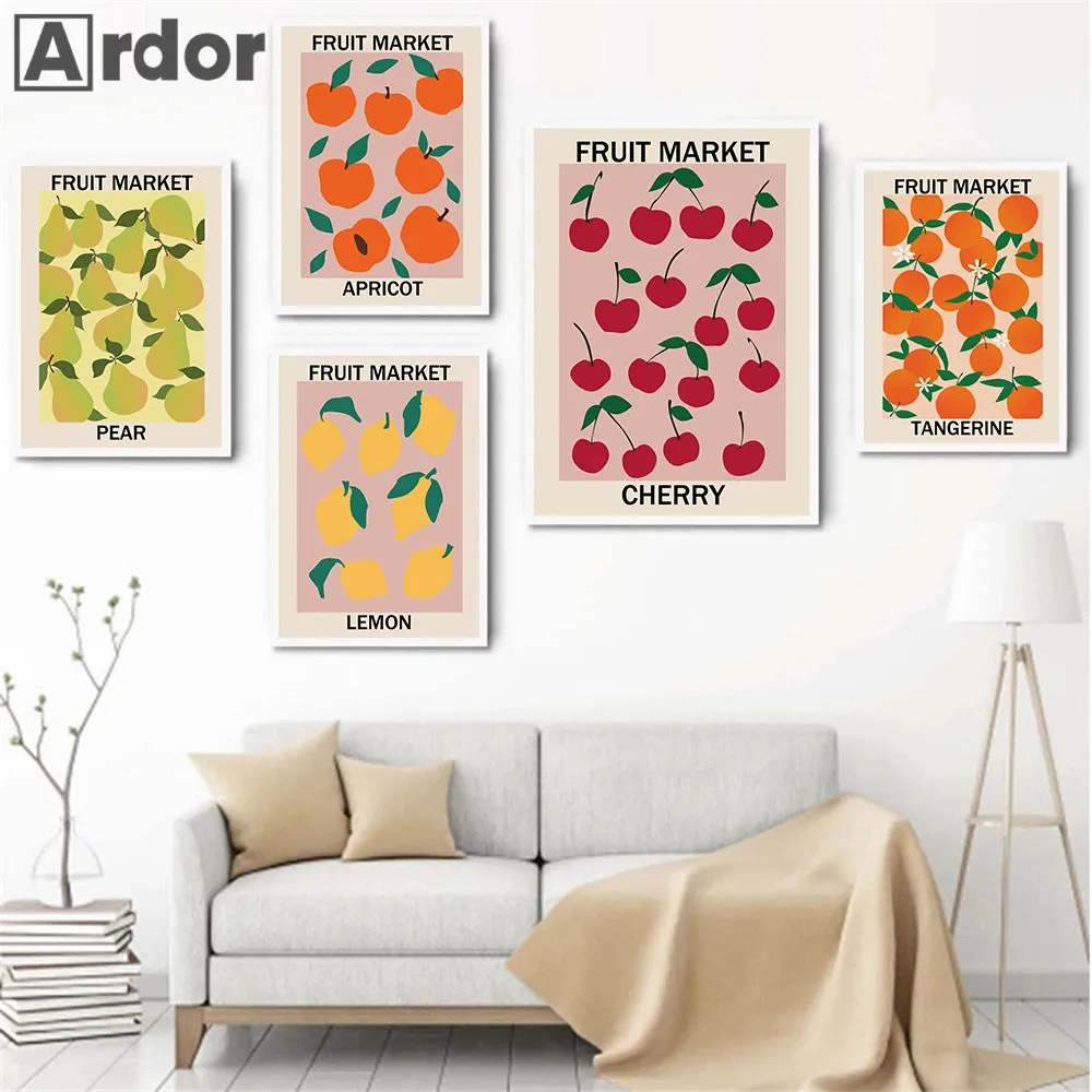 

Cherry Lemon Pear Fruit Market Wall Art Canvas Painting Vintage Poster Nordic Posters And Prints Wall Pictures For Kitchen Decor