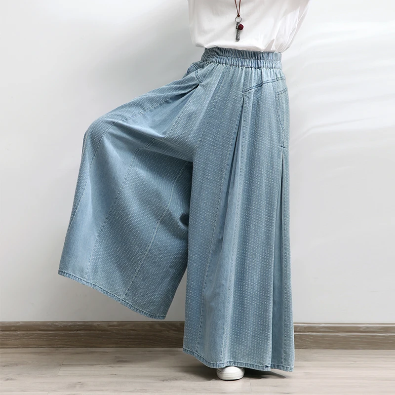 TIYIHAILEY 2022 Free Shipping Wide Leg Long Pants For Women Trousers Denim Jeans Elastic Waist Casual Pants With Pockets Holes