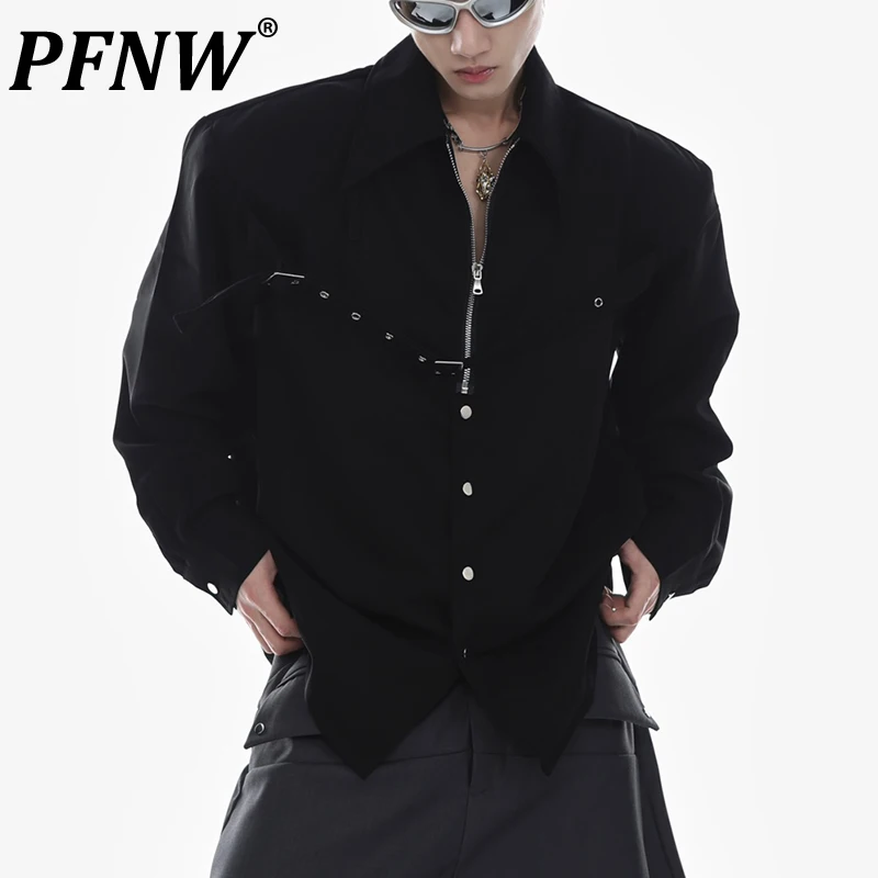 

PFNW Spring Summer Men's Niche Design Metal Webbing Shirts Tide Shoulder Pad Fitting Shirt Cool Tops Chic Darkwear Tees 12A9018