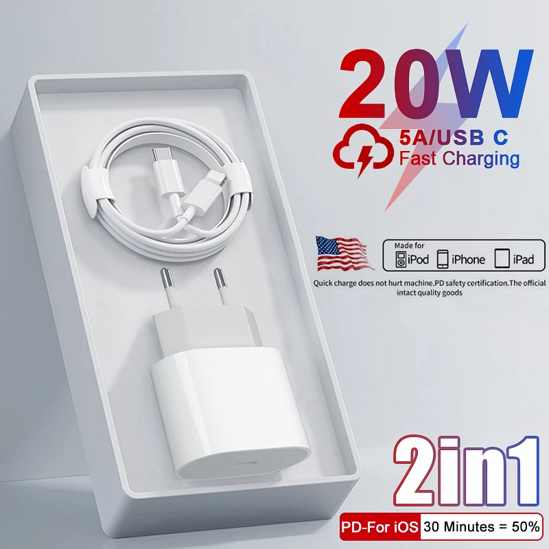 

20W USB-C PD Charger + PD Cable for iPhone 14 Plus 13 12 mini 11 Pro XS Max XR X SE Fast Charging Cable EU Travel Power Adapter