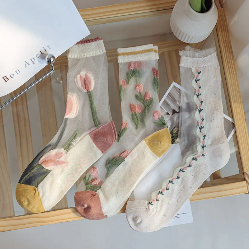 

Ultra-thin Transparent Crystal Silk Socks Women Fashion Summer Harajuku Crew Socks Retro Flower Streetwear Elastic Long Socks