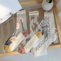 ultra thin transparent crystal silk socks women fashion summer harajuku crew socks retro flower streetwear elastic long socks