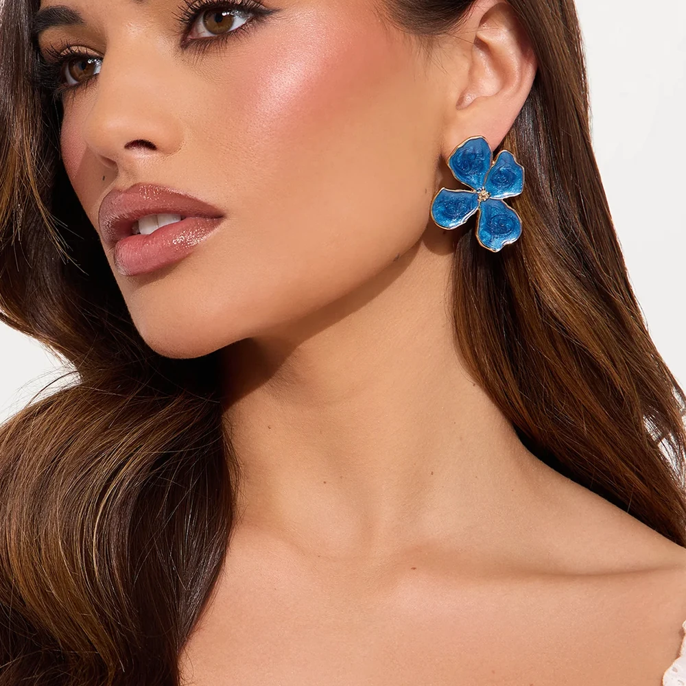 Преувеличенные серьги-гвоздики с синим цветком из нержавеющей стали для женщин и