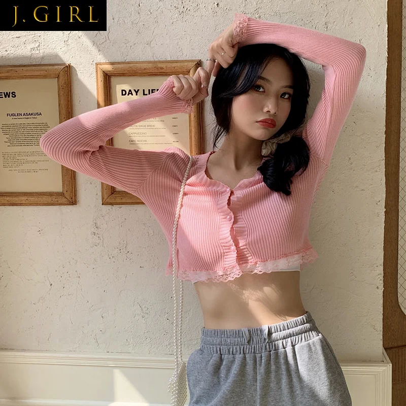 

Jackets Women Long Sleeve Maiden Candy Colors Crop Single Breasted Lace Sweet Ladies Daily Outerwear All-match Skinny Sexy Girl