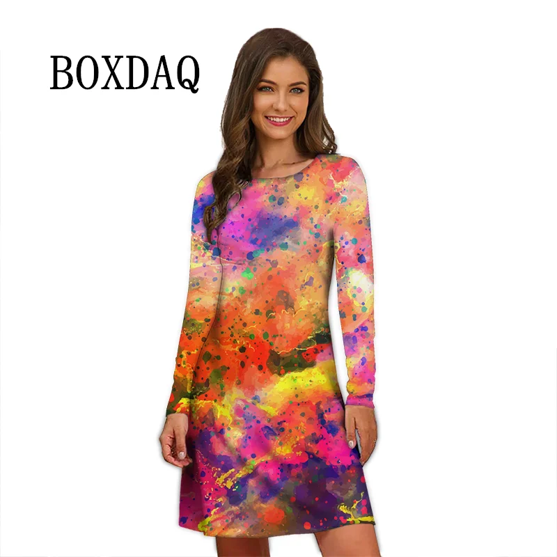 

Multicolor Tie Dyeing Print Women Dress 3D Oil Painting Pattern A-Line Dresses Spring Autumn Oversize Casual Mini Dress Vestidos