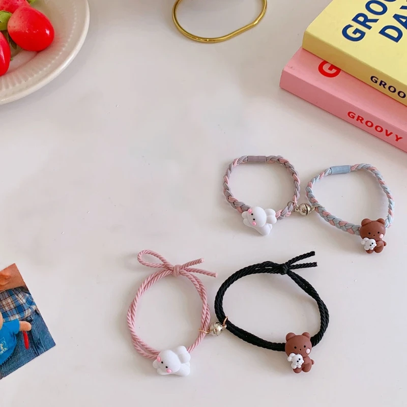 2pcs/set Mutual Attraction Elastic Rope Bears &amp Rabbits Friendship Bracelet Hand Hair Ring Gift for Valentine's Day BF - купить по