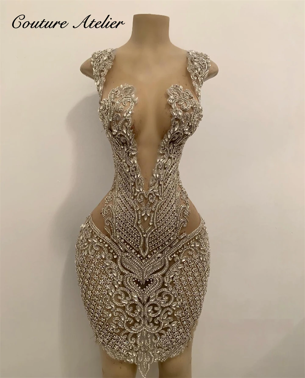 

Luxious Silver Crystals Short Prom Dress African O Neck Glitter Rhinestone Bead Black Girls Mini Cocktail Party Gown robe de bal