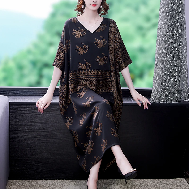 

2022 New Summer Long O Neck Dress Loose Casual Printing Silk Dress Women A-line Beach Dresses 7-point Sleeve Vestidos Size