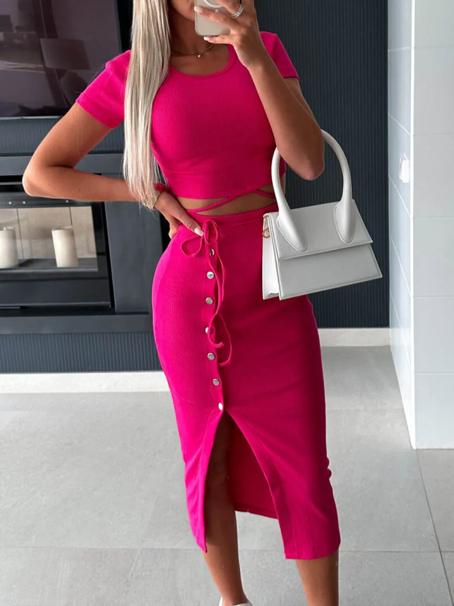 

Women 2 Piece Skirt Sets Sleevless Crop Top High Waist Skirt Matching Sets Bodycon Side Slit Midi Skirt Outfit Sets (Rosy Red