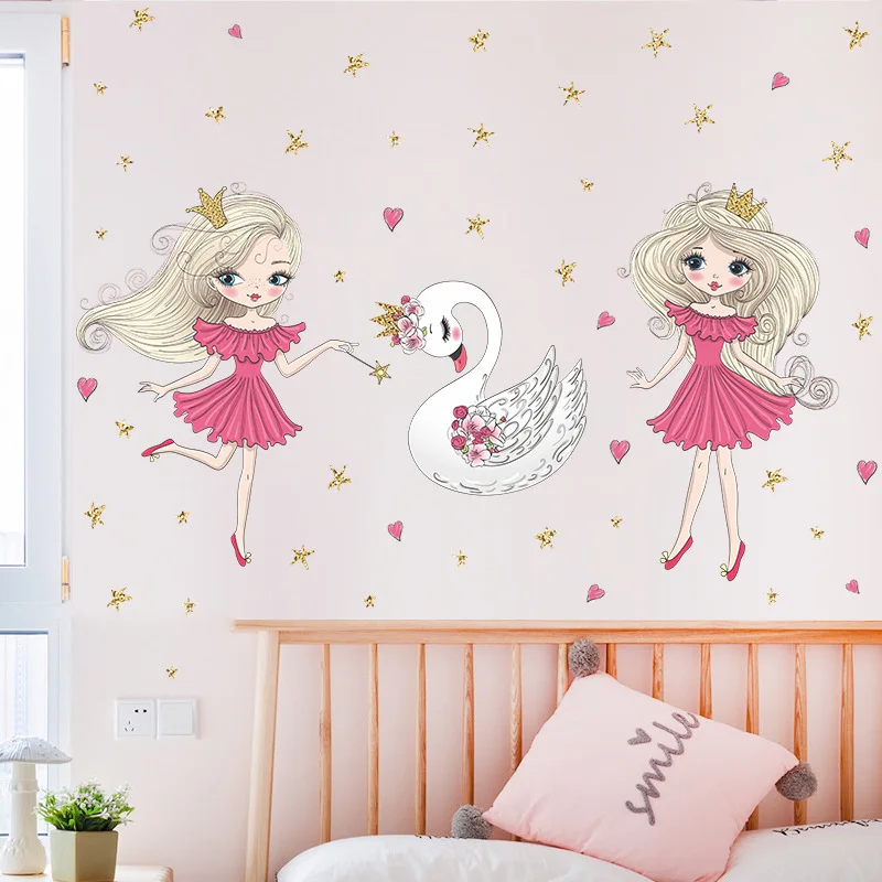 

Cartoon Girl Swan Unicorn Wall Stickers Bedroom Girls Room Wall Decor Home Decoration Diy Decals Self-adhesive Mural Poster