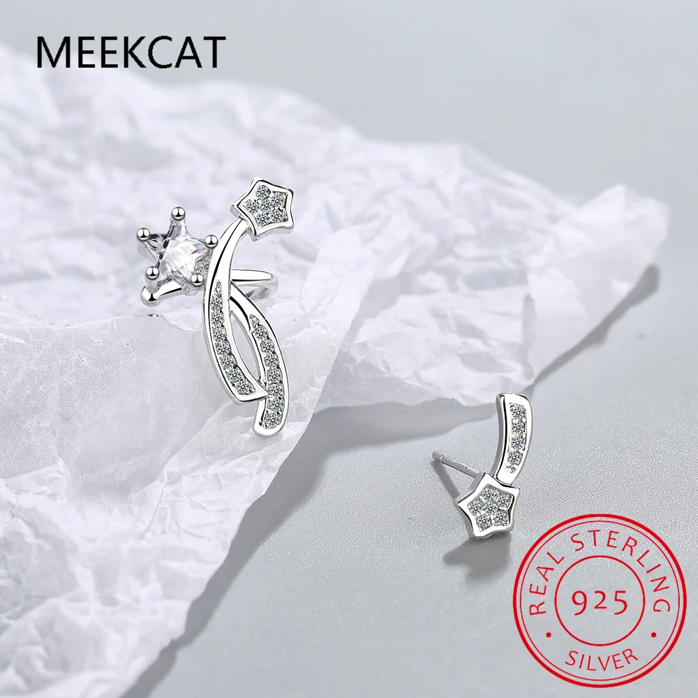 Real 925 Sterling Silver Sweet Asymmetric Star Shine CZ Stud Earring Boucle d'oreille For Women Wedding Fine Jewelry DA3019