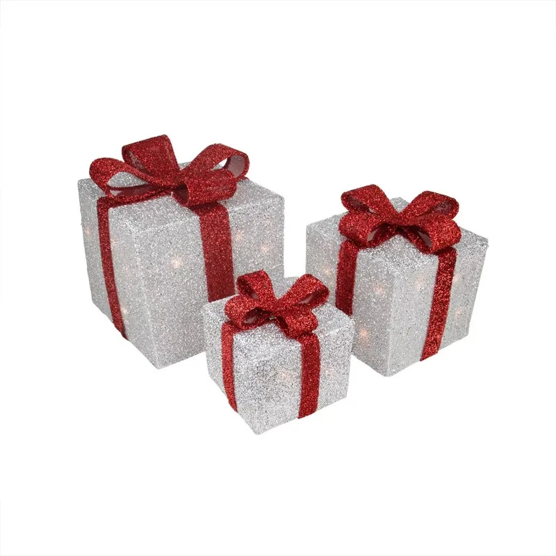

Set of 3 Silver Tinsel Gift Boxes with Red Bows Lighted Christmas Outdoor Decorations