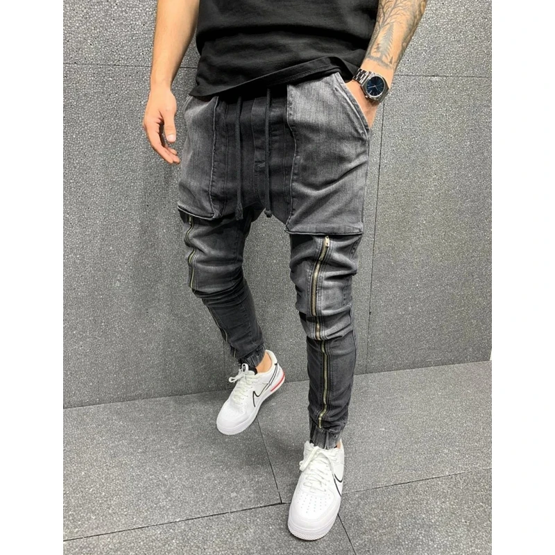 Streetwear Vintage Jeans Casual Loose Pockets Stitching Zipper Jeans Men Lace-up Mid-Waist Denim Pencil Pants Sports Jeans
