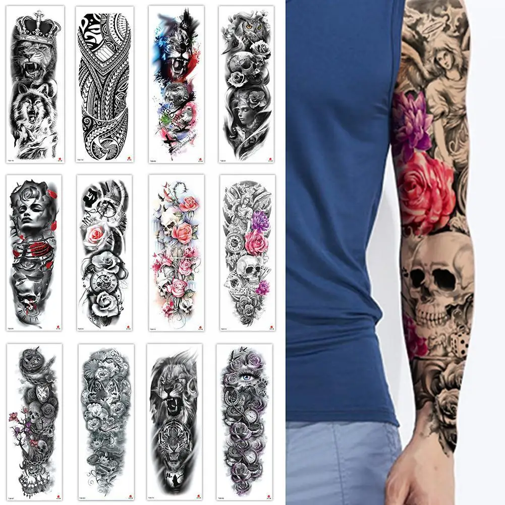 

New Full Arm Temporary Tattoo Lady Flower Tiger Lion Sticker Waterproof Women Totem Man Eagle Cool Sleeve Body Skull Leg A8m8