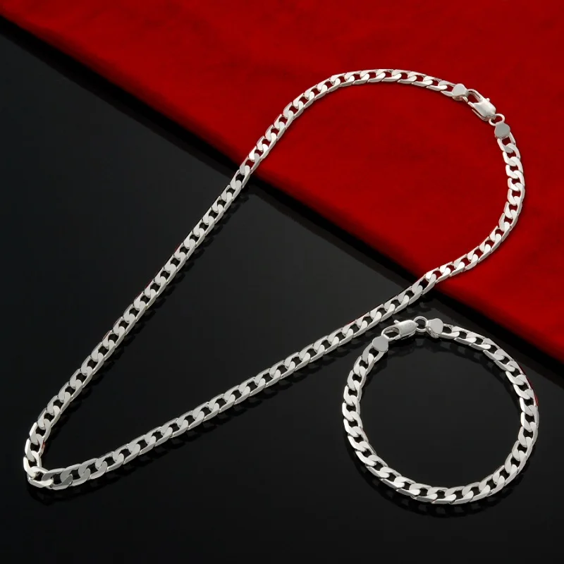 

New 925 Sterling Silver Fine 6MM Geometry Chain Bracelets Necklaces Jewelry Sets for Women Man Fashion Party Wedding Accessories