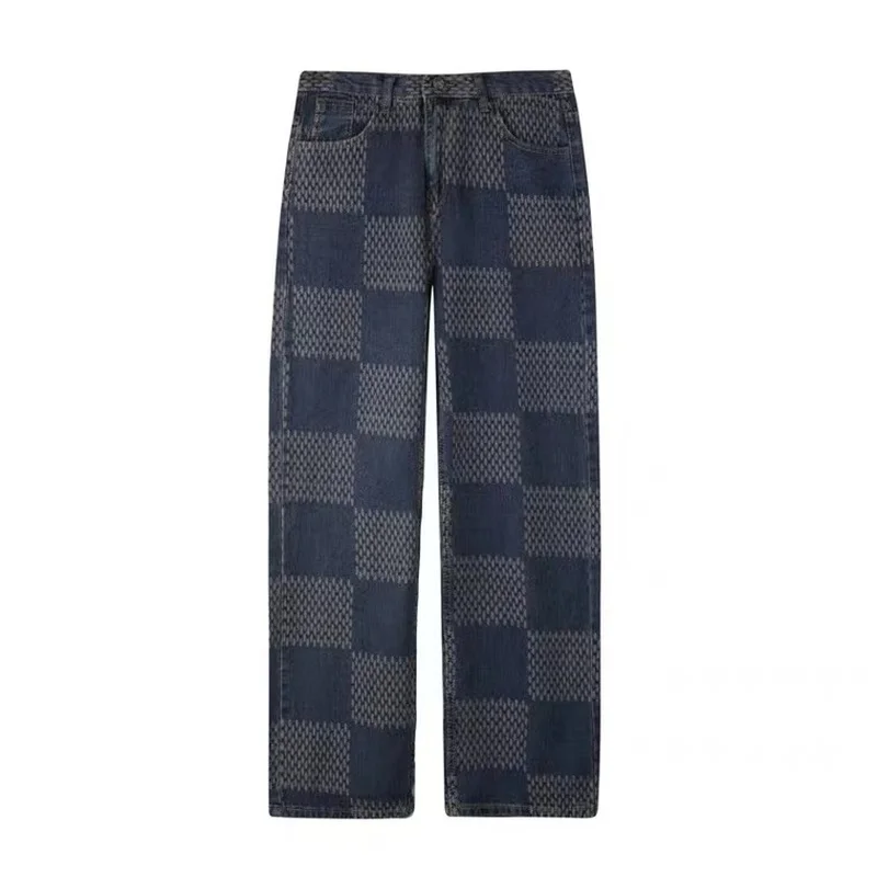 European and American Hiphop Pants High Street Ins Tide Brand Jacquard Plaid Jeans Men's Retro Loose Straight Casual Jeans