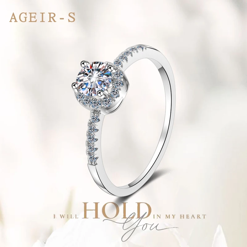 

AGEIR-S D Color 50Cent Moissanite Wedding Ring For Women 925 Sterling Silver Band Fine Jewelry with Certificate Ring Z100