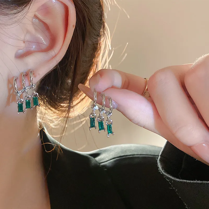 

Korean Fashion Silver Needle Green CZ Pendant Three-layer Earrings Ins Personality Stud Earrings for Women Fashion Jewelry Gifts