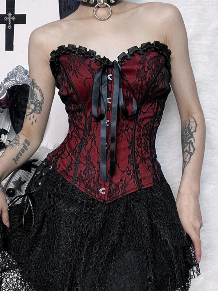 

Gothic Vintage Bow Lace Bustier Tops Grunge Elegant Off Shoulder Women Tube Top Goth Dark Aesthetic Backless Ruffles Alt Clothes